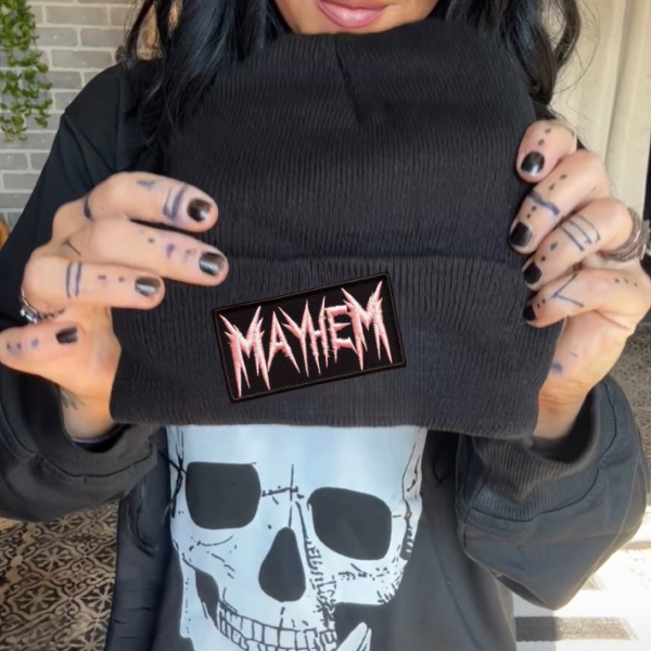 Mayhem (Pink Lettering) Faux Patch Black or Neon Pink Beanie