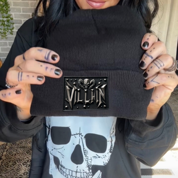 Villain (All Black) Faux Patch Black or Neon Pink Beanie (Copy)