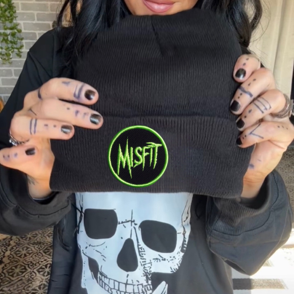 Misfit (Green Lettering)  Faux Patch Black or Neon Pink Beanie