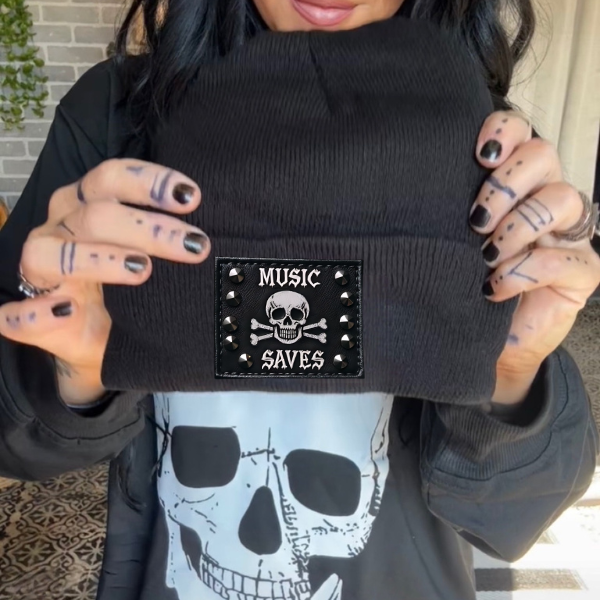 Music Saves Faux Patch Black or Neon Pink Beanie