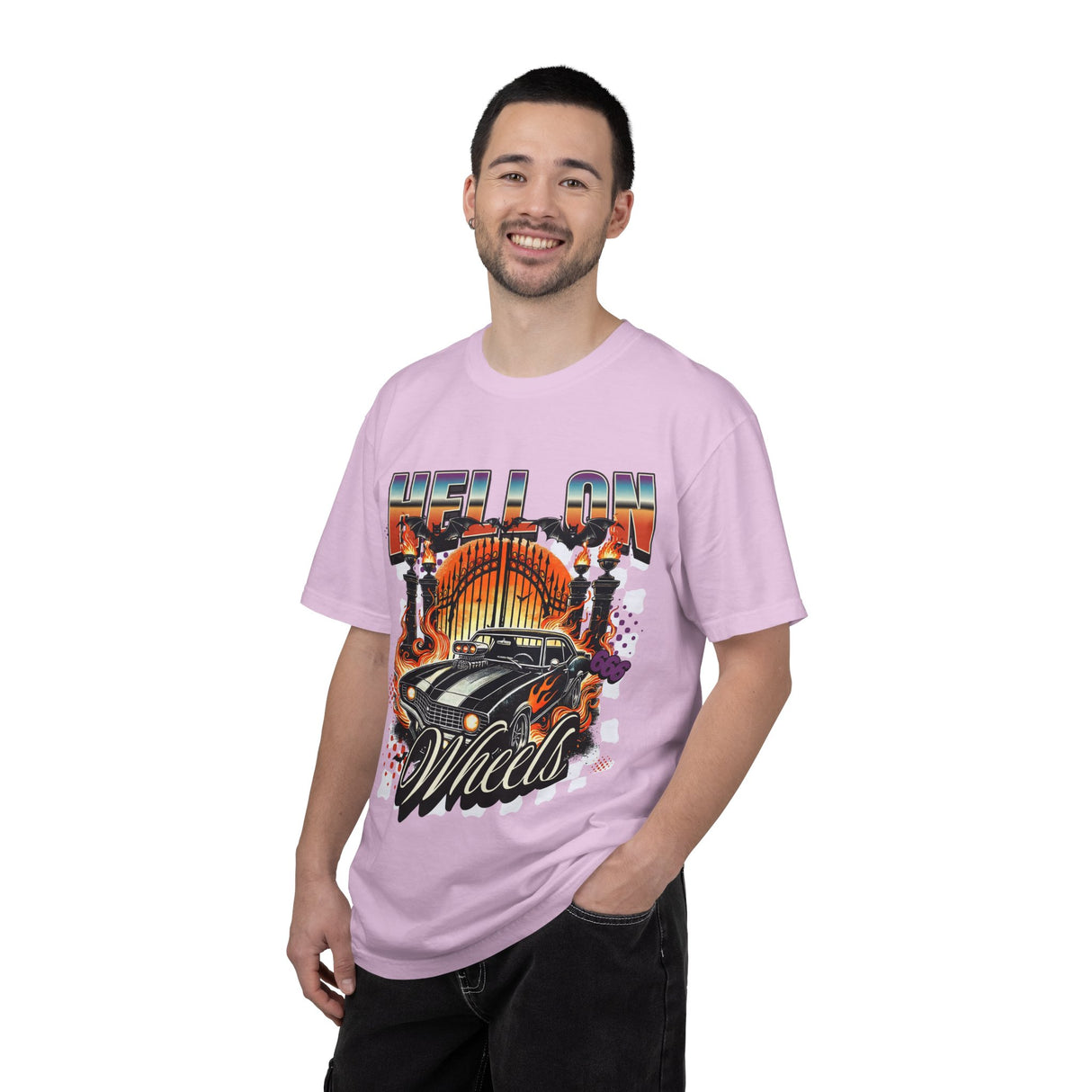 Hell on Wheels car graphic T-Shirt | vintage muscle car, gate and flames
