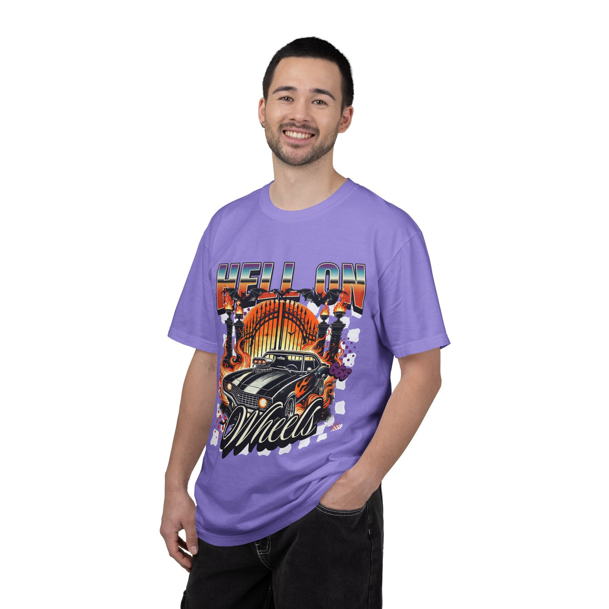 Hell on Wheels car graphic T-Shirt | vintage muscle car, gate and flames