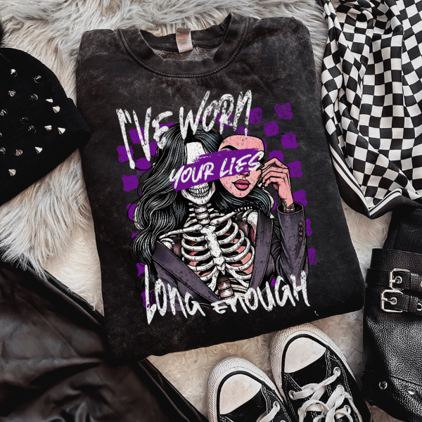 I've Worn Your Lies Long Enough Skeleton / Skull Black Mineral Wash Sweatshirt or TShirt AND PAJAMA BUNDLE