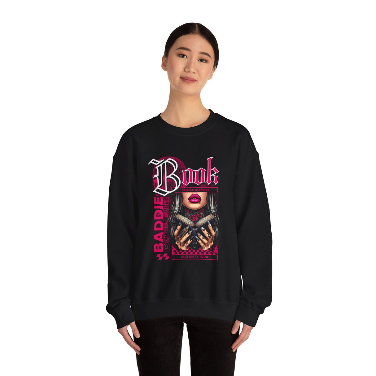 Baddie Book Graphic Sweatshirt | Gothic Pink Lips, Hand Tattoo Illustration