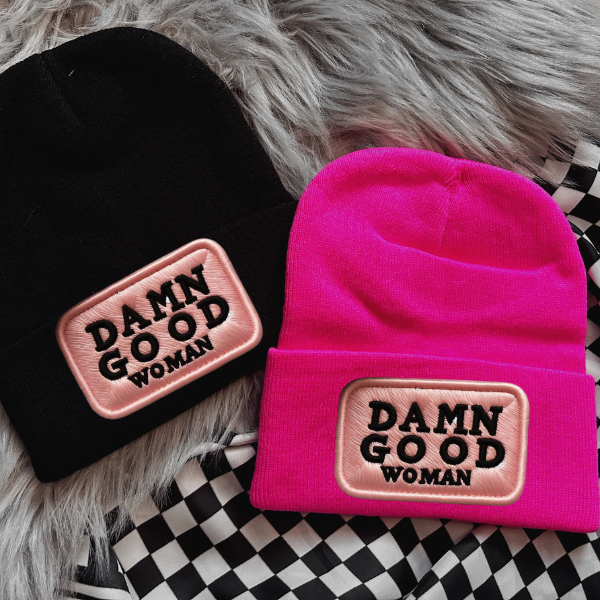 Damn Good Woman Faux Patch Black or Neon Pink Beanie