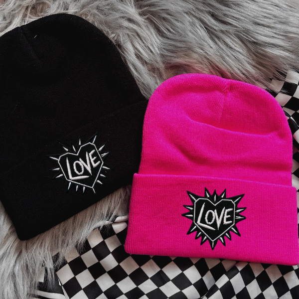 Love with Spikes Faux Patch Black or Neon Pink Beanie