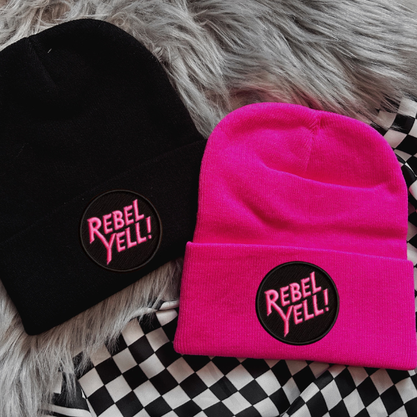 Rebel Yell Faux Patch Black or Neon Pink Beanie