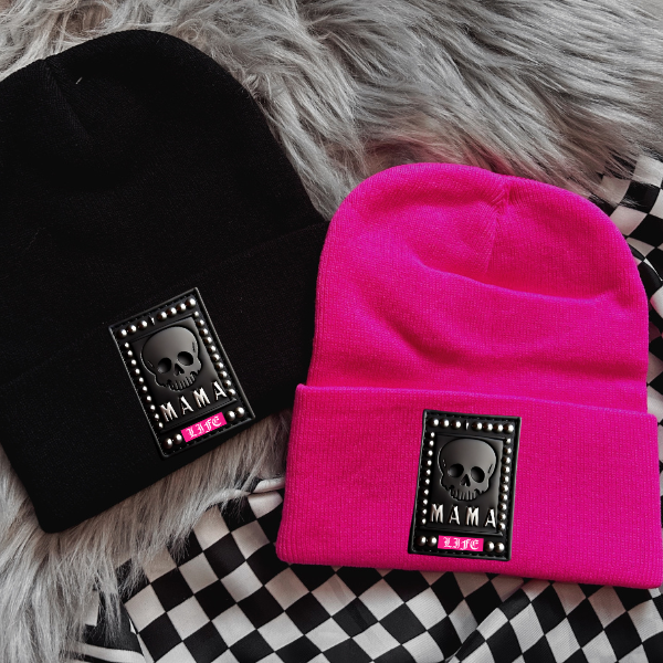 Mom Life Faux Patch Black or Neon Pink Beanie