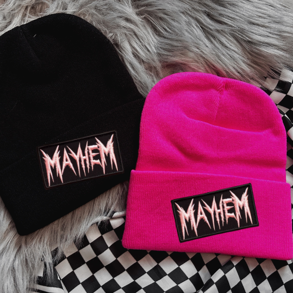 Mayhem (Pink Lettering) Faux Patch Black or Neon Pink Beanie