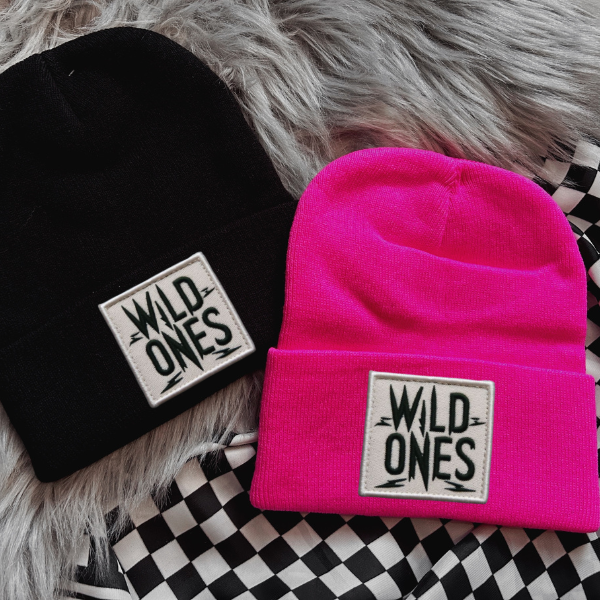 Wild Ones Faux Patch Black or Neon Pink Beanie