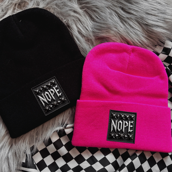 Nope Faux Patch Black or Neon Pink Beanie