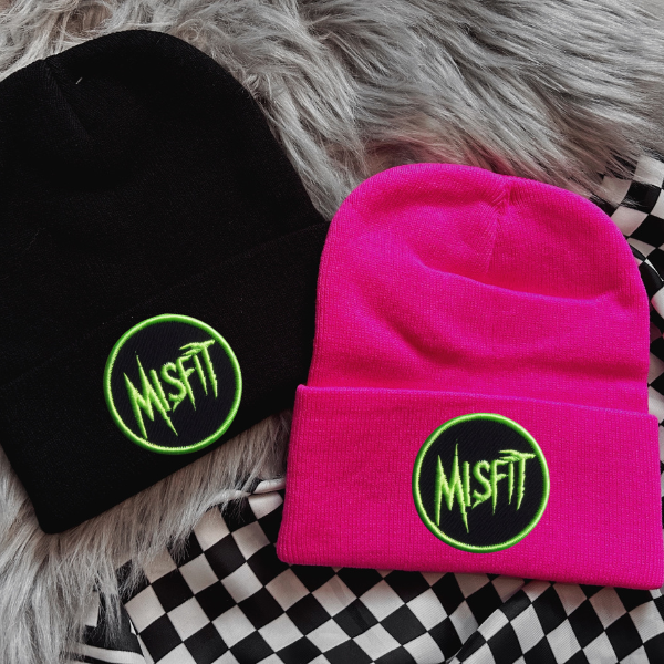 Misfit (Green Lettering)  Faux Patch Black or Neon Pink Beanie