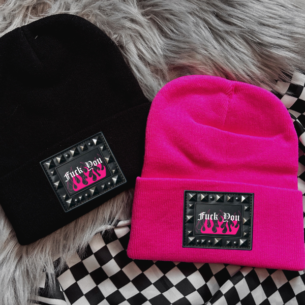 Fu&k You (Pink Lettering) Faux Patch Black or Neon Pink Beanie