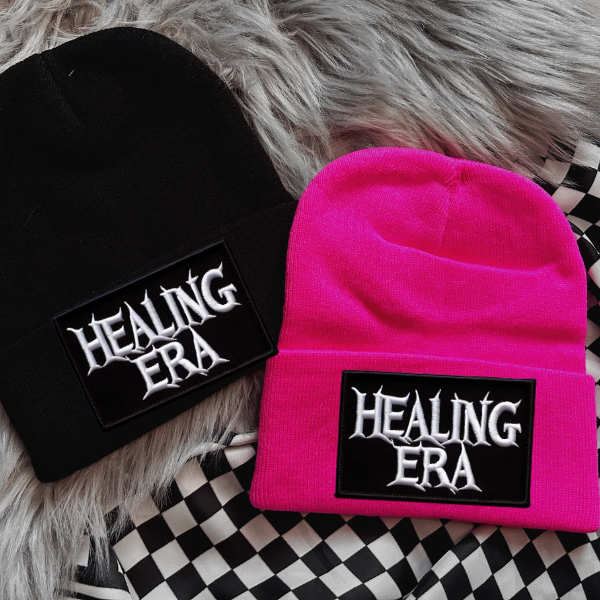 Healing Area Faux Patch Black or Neon Pink Beanie