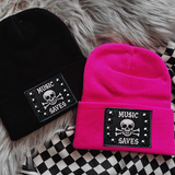 Music Saves Faux Patch Black or Neon Pink Beanie