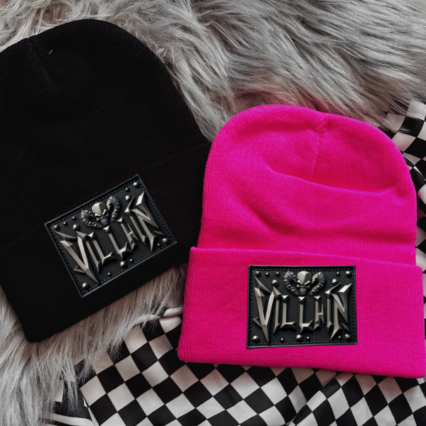 Villain (All Black) Faux Patch Black or Neon Pink Beanie (Copy)