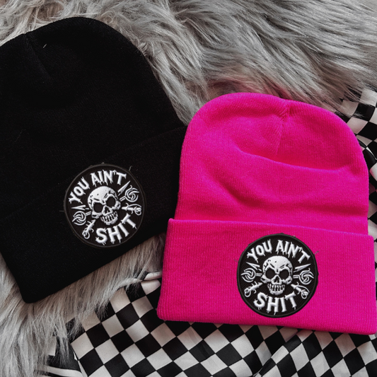 You Ain't Shit Faux Patch Black or Neon Pink Beanie