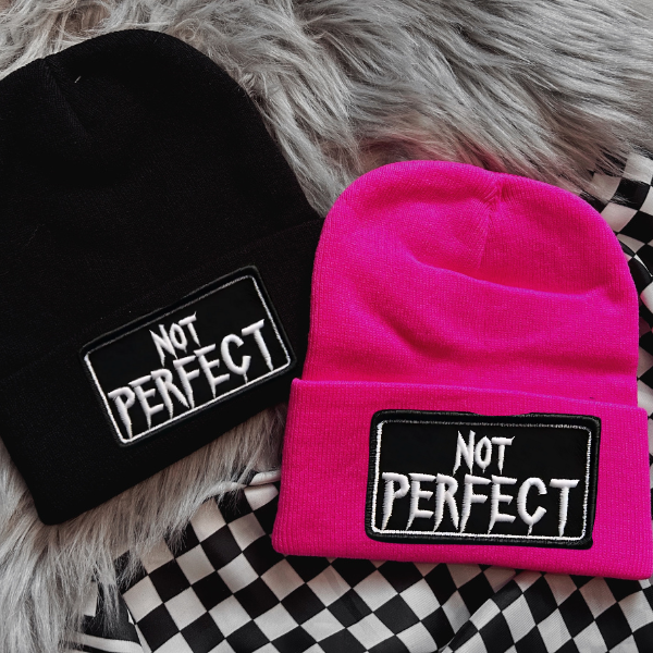 Not Perfect Faux Patch Black or Neon Pink Beanie (Copy)