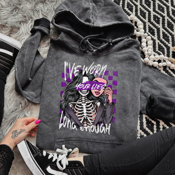 I've Worn Your Lies Long Enough Skeleton / Skull Black Mineral Wash Sweatshirt or TShirt AND PAJAMA BUNDLE