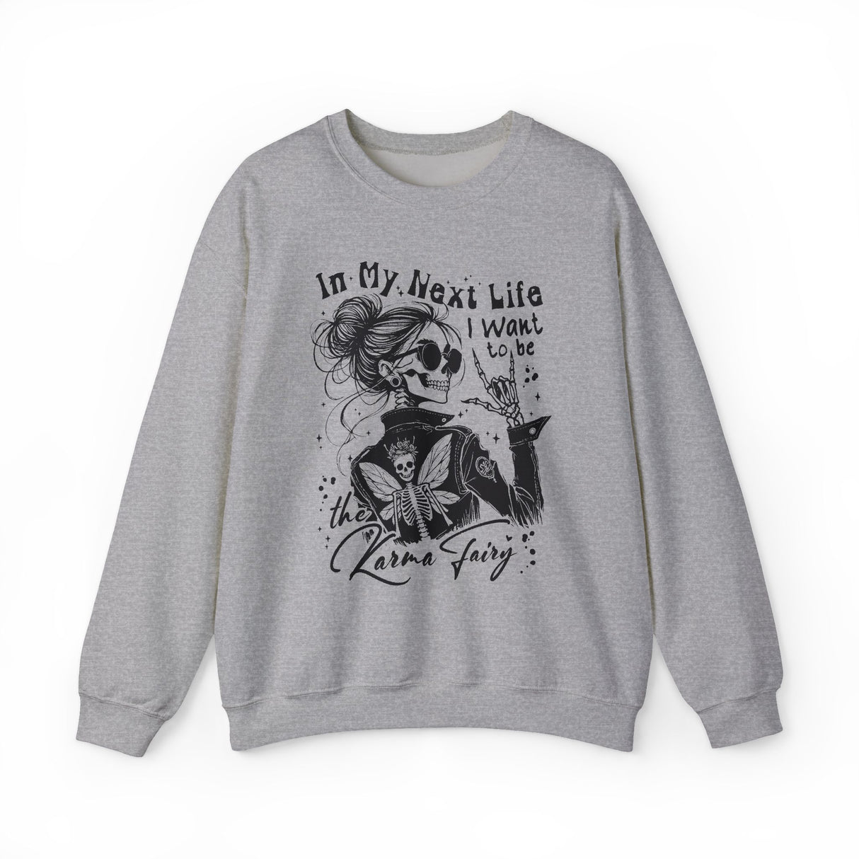 Karma Fairy Skeleton Illustration Crewneck Sweatshirt | Goth Skull Art, Boho Butterfly