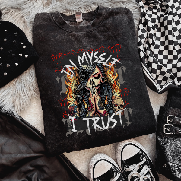 In Myself I Trust Black Mineral Wash TShirt or Sweatshirt, Skeleton, Skulls, Grunge