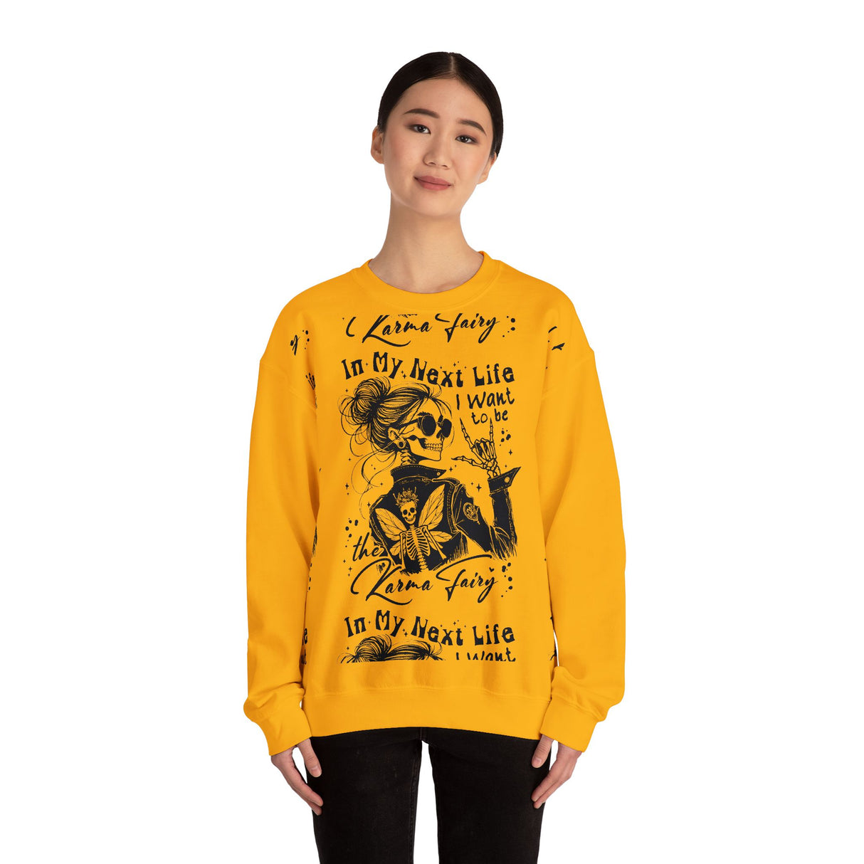 Karma Fairy Skeleton Illustration Crewneck Sweatshirt | Goth Skull Art, Boho Butterfly
