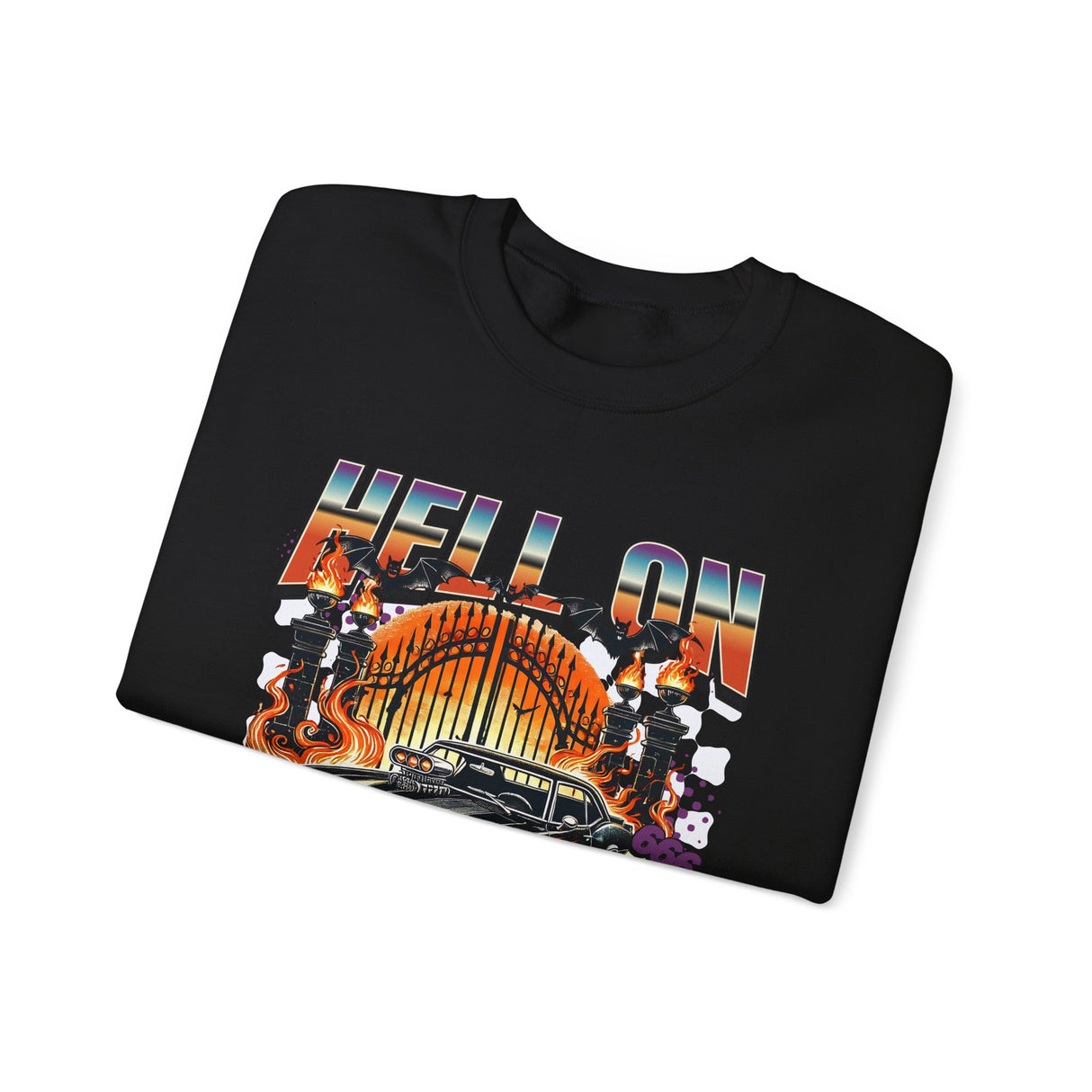 Hell on Wheels car graphic Sweatshirt | retro muscle car, flaming gates, vintage racing