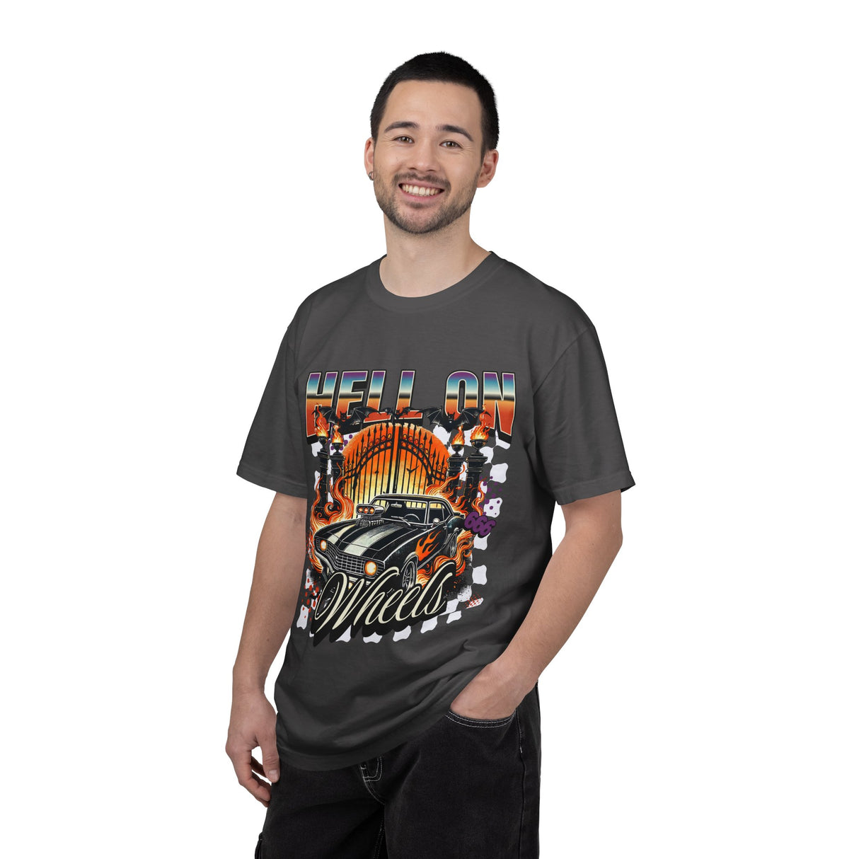 Hell on Wheels car graphic T-Shirt | vintage muscle car, gate and flames