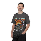 Hell on Wheels car graphic T-Shirt | vintage muscle car, gate and flames