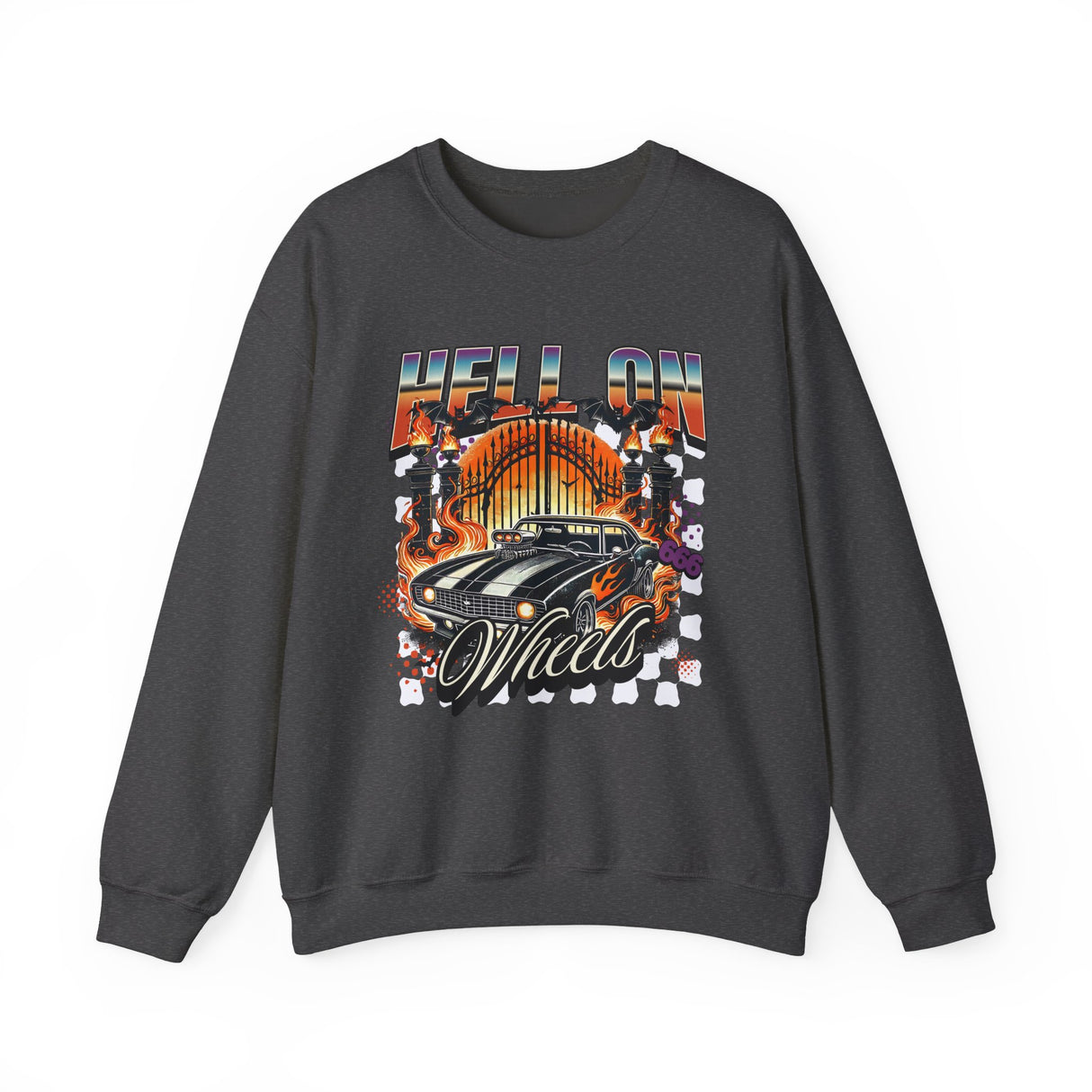 Hell on Wheels car graphic Sweatshirt | retro muscle car, flaming gates, vintage racing