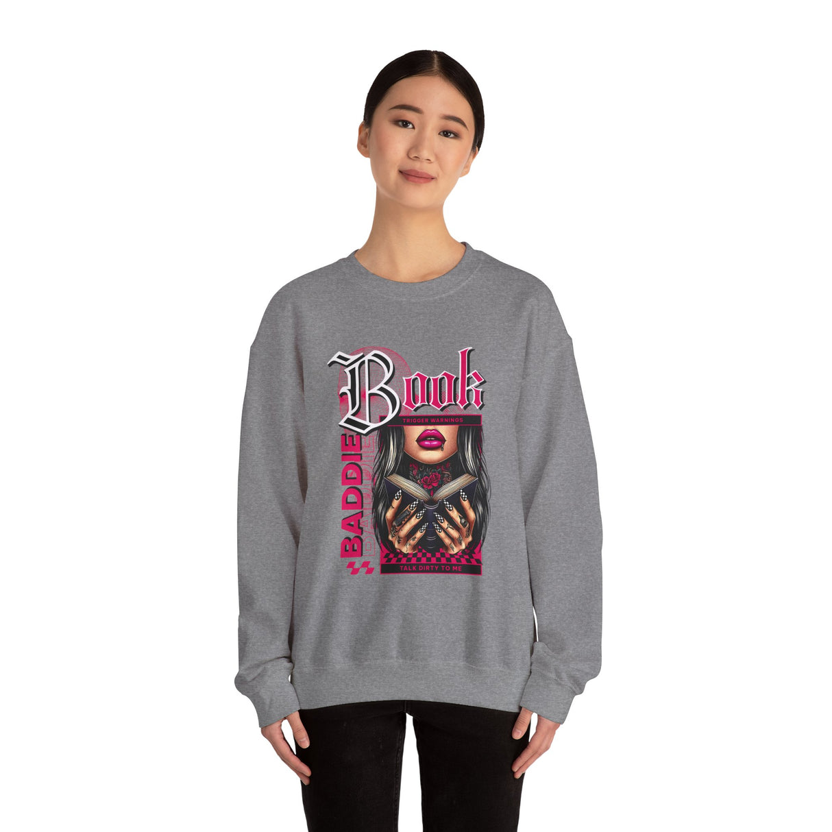 Baddie Book Graphic Sweatshirt | Gothic Pink Lips, Hand Tattoo Illustration