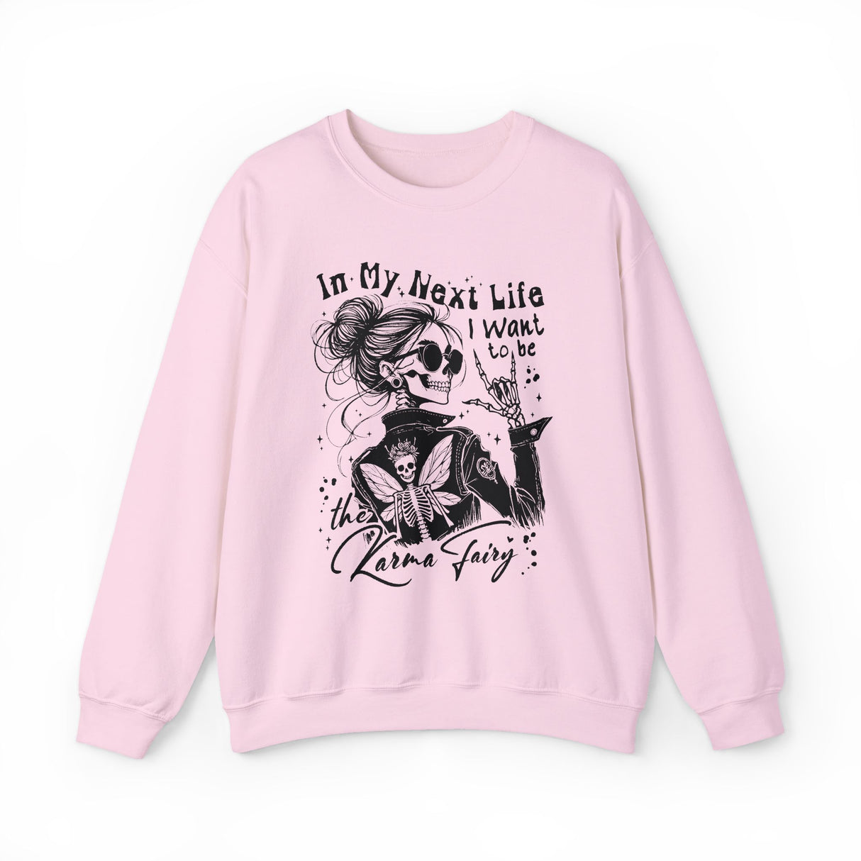 Karma Fairy Skeleton Illustration Crewneck Sweatshirt | Goth Skull Art, Boho Butterfly