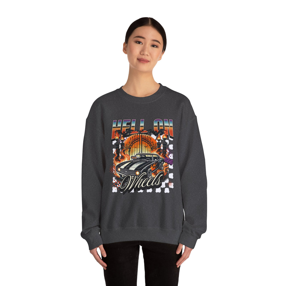 Hell on Wheels car graphic Sweatshirt | retro muscle car, flaming gates, vintage racing