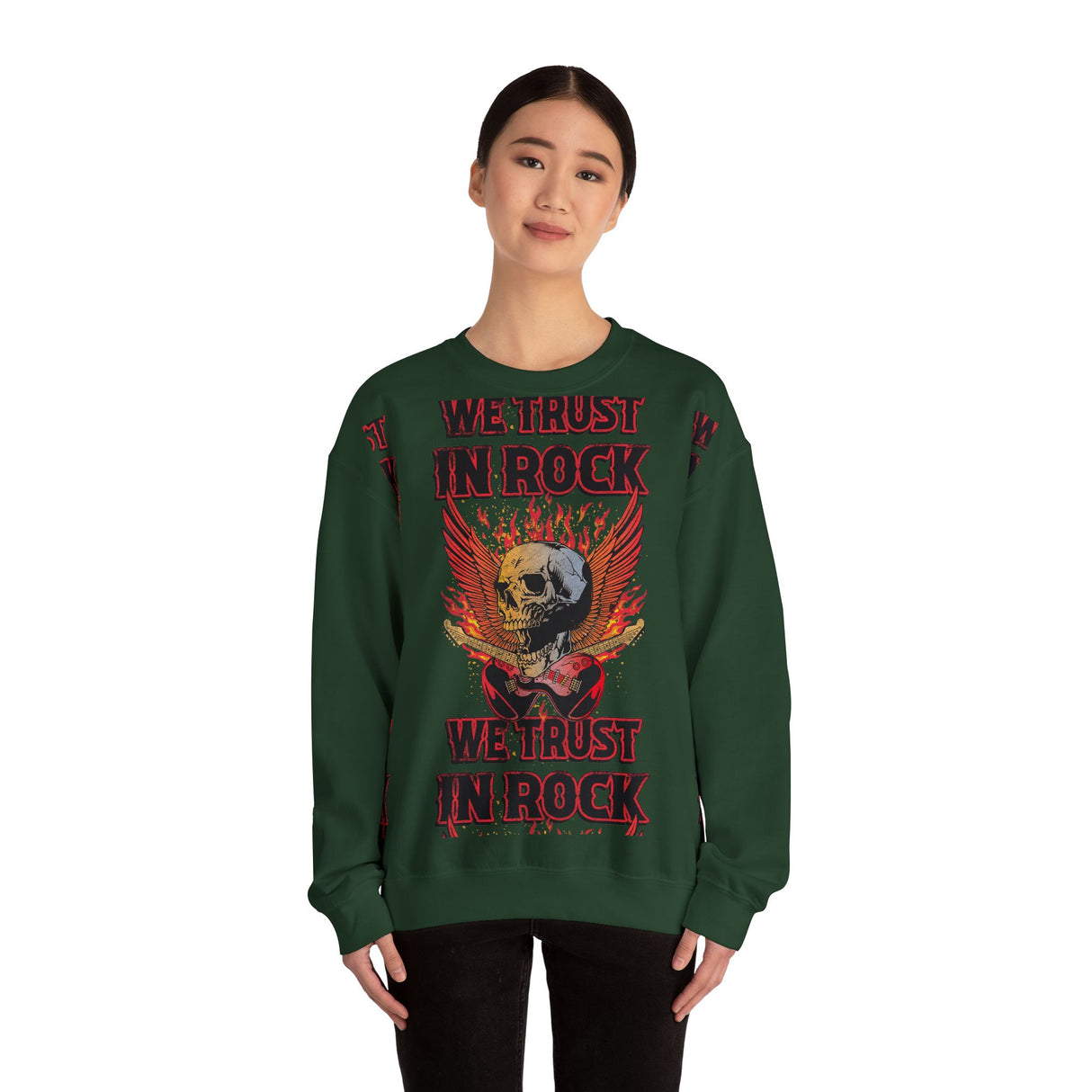 In Rock We Trust Skull with Flaming Wings Crewneck Sweatshirt | Rock Music Tee