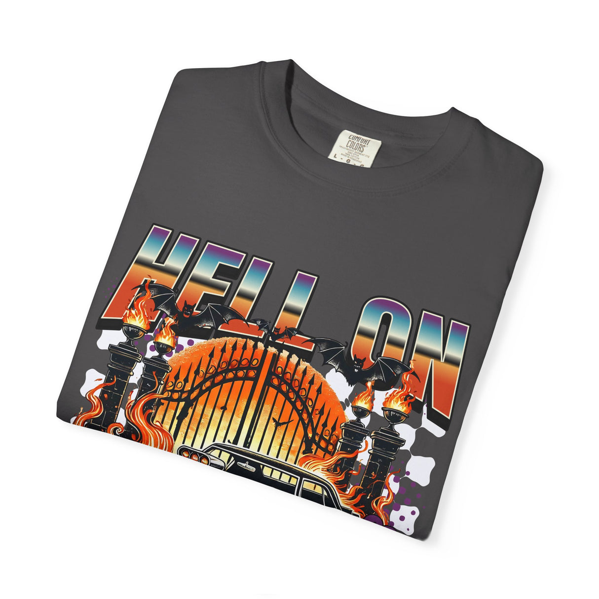 Hell on Wheels car graphic T-Shirt | vintage muscle car, gate and flames