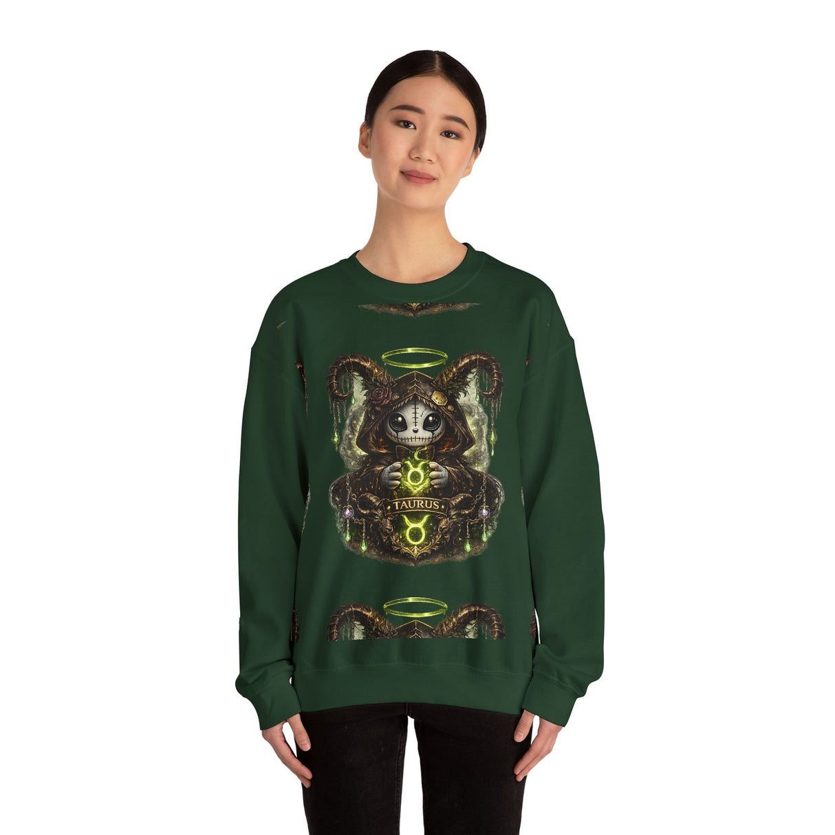 Taurus Dark Cute Goat Spirit Illustration Sweatshirt | Occult, Neon Green Zodiac