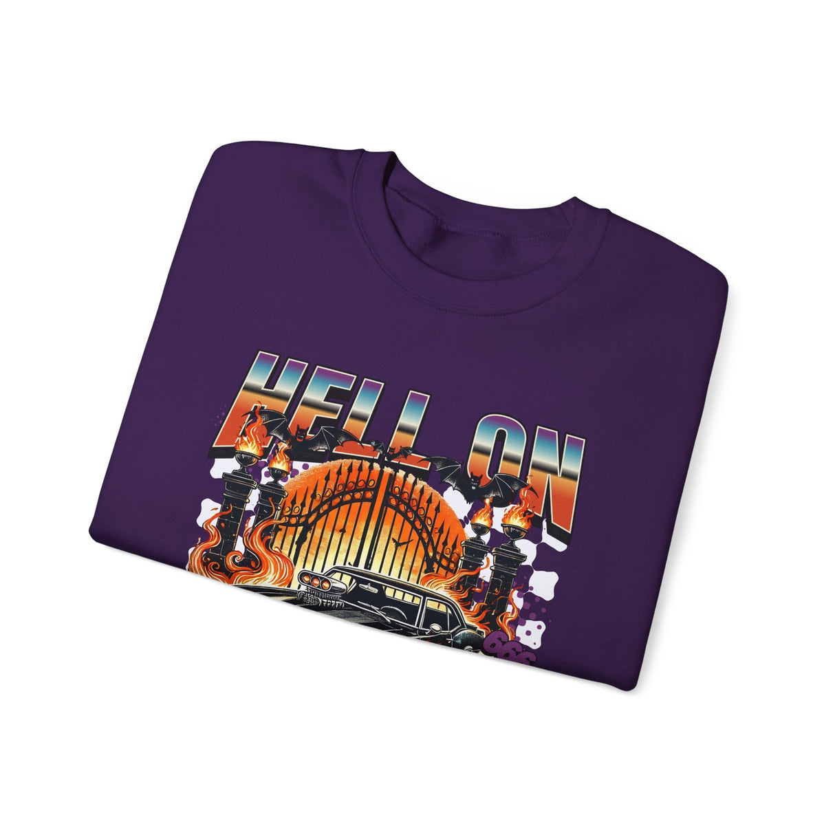 Hell on Wheels car graphic Sweatshirt | retro muscle car, flaming gates, vintage racing