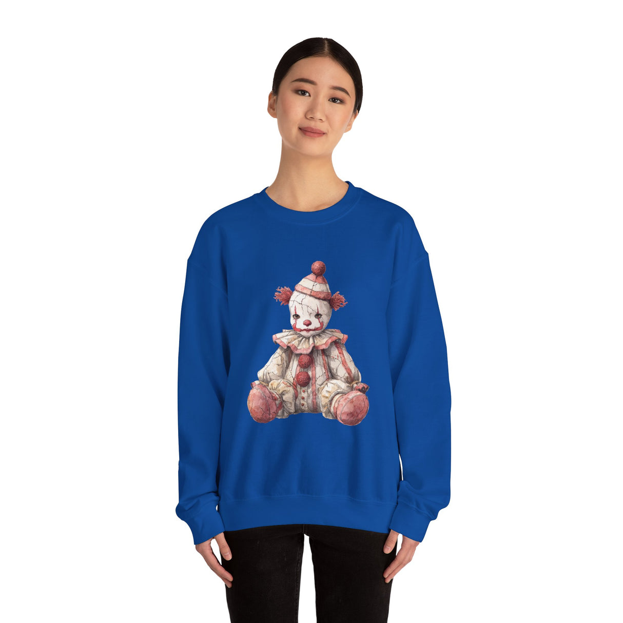 Vintage Rag Doll Clown Sweatshirt | Cute Sitting Clown Illustration