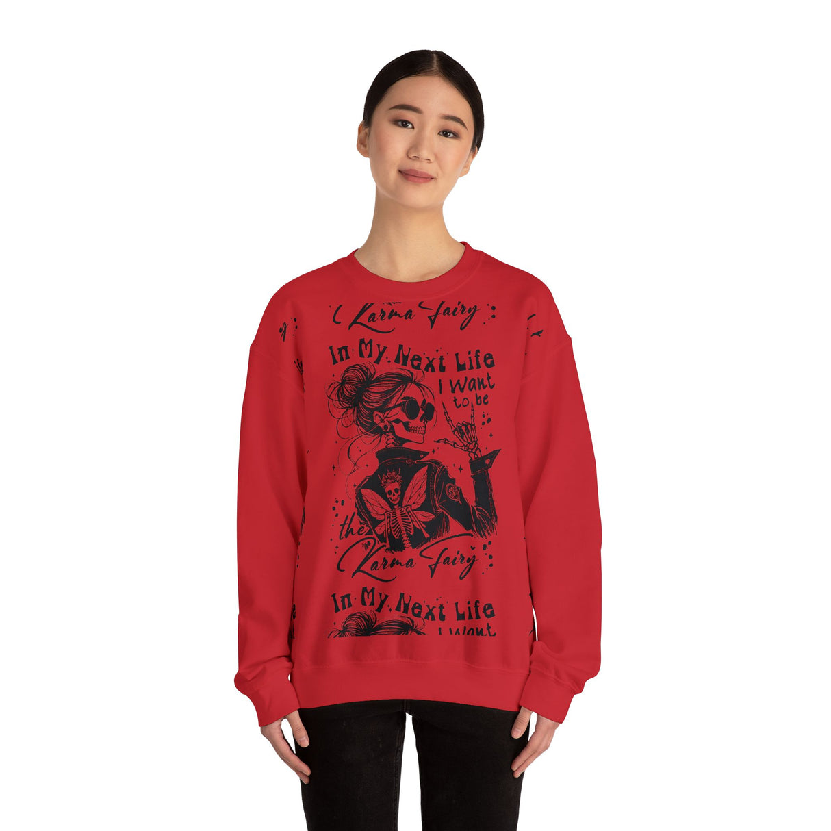 Karma Fairy Skeleton Illustration Crewneck Sweatshirt | Goth Skull Art, Boho Butterfly