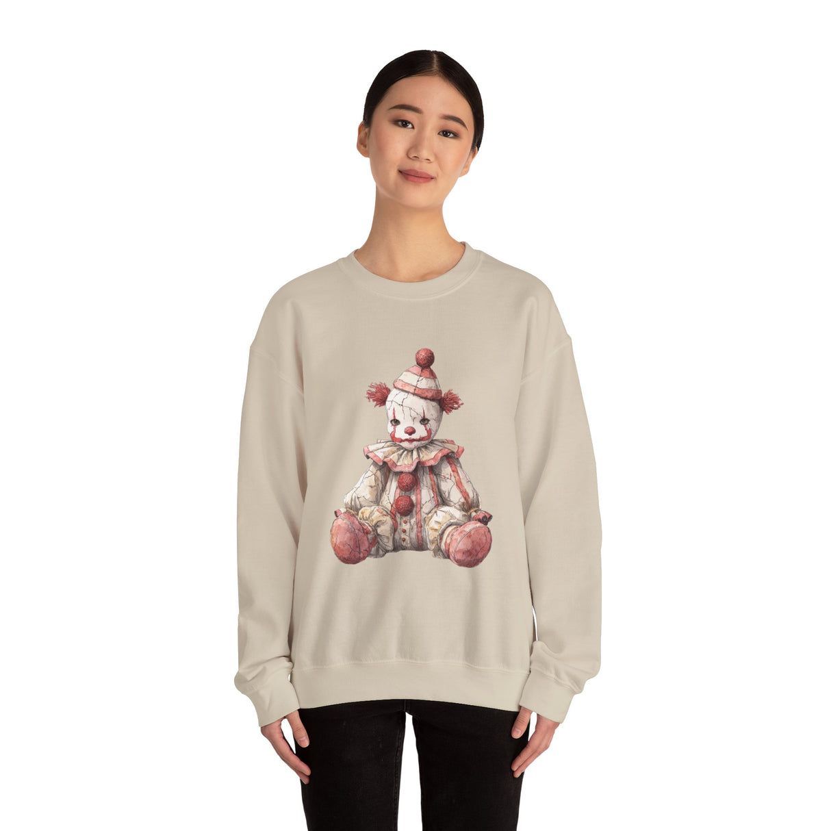 Vintage Rag Doll Clown Sweatshirt | Cute Sitting Clown Illustration