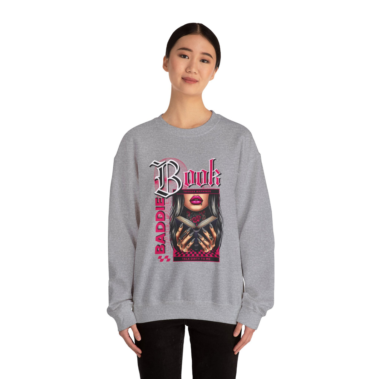 Baddie Book Graphic Sweatshirt | Gothic Pink Lips, Hand Tattoo Illustration