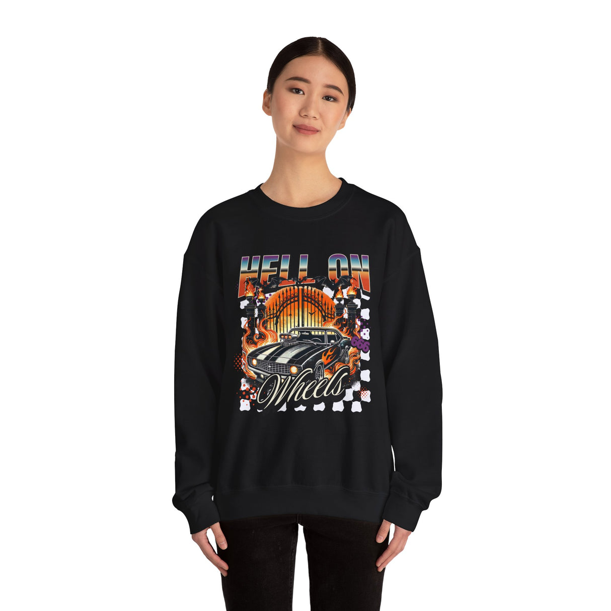 Hell on Wheels car graphic Sweatshirt | retro muscle car, flaming gates, vintage racing