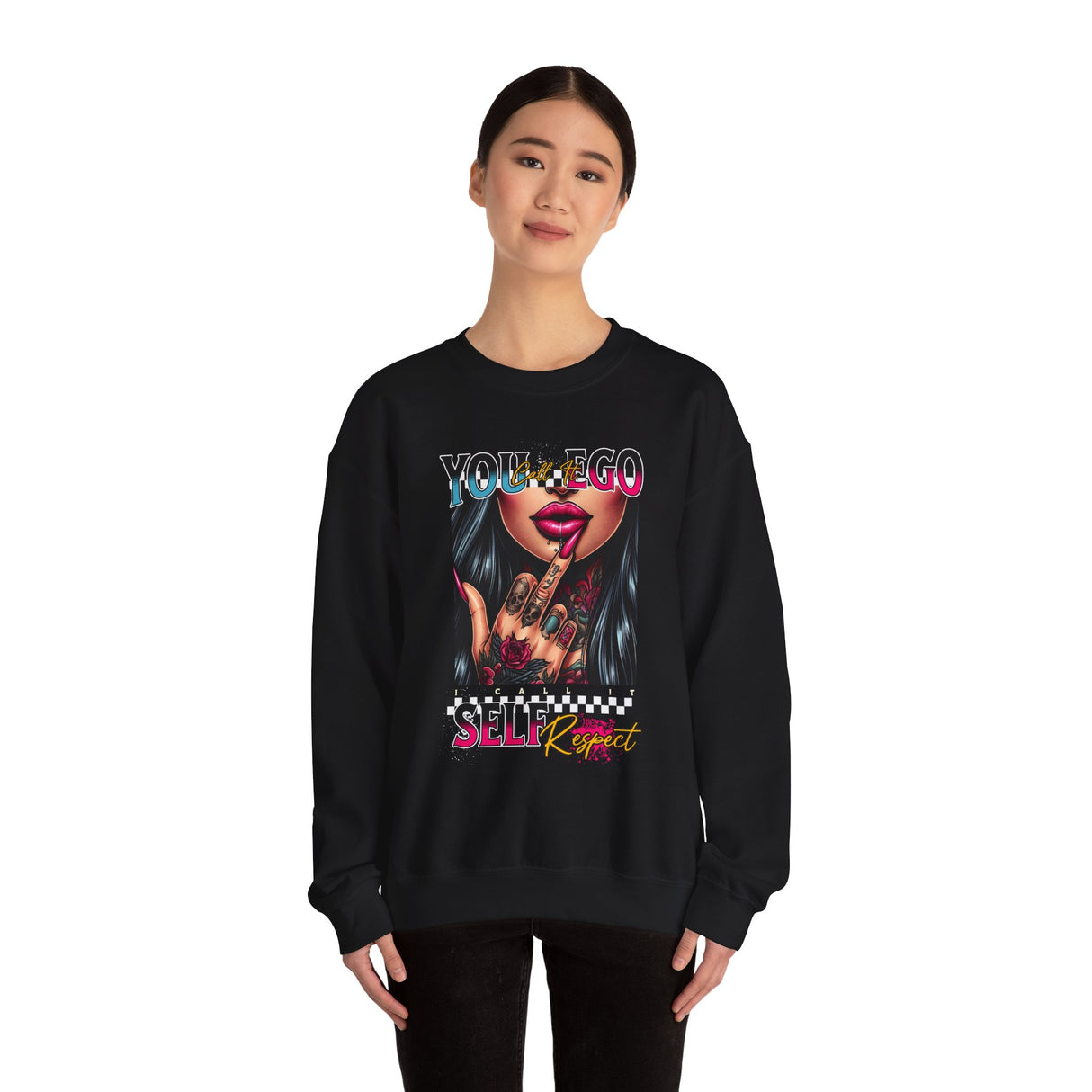 You Ego, Self Respect sweatshirt | Graphic woman flipping middle finger, neon text