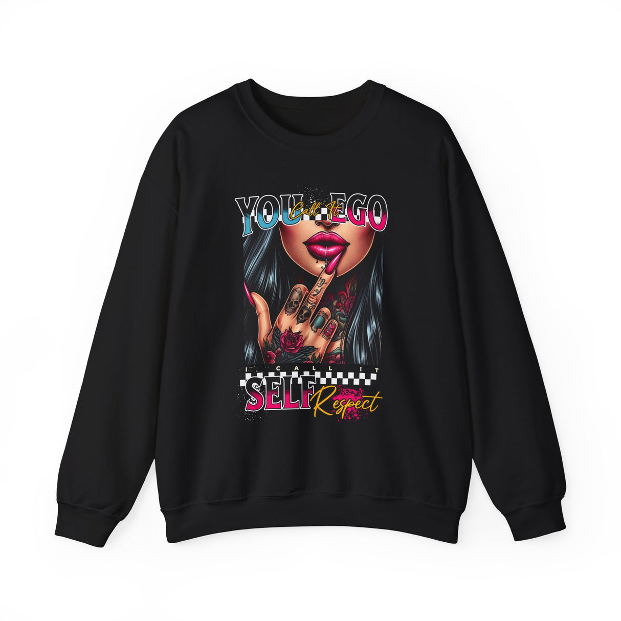 You Ego, Self Respect sweatshirt | Graphic woman flipping middle finger, neon text