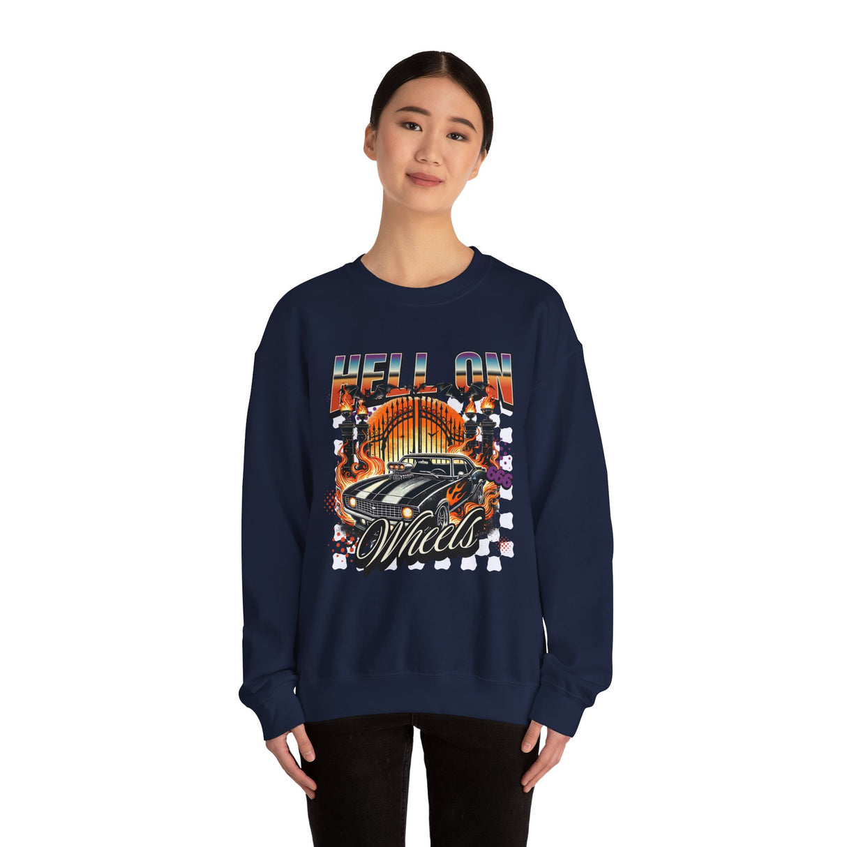 Hell on Wheels car graphic Sweatshirt | retro muscle car, flaming gates, vintage racing