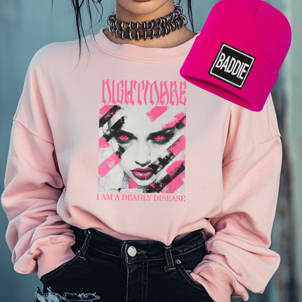 "Nightmare, I Am a Deadly Disease" Pink Sweatshirt with Free Faux Beanie - Grunge Goth 90s Aesthetic