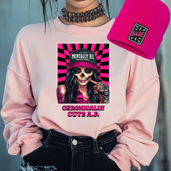 ***COMPLETE SET***Mentally Ill, Chronically Cute Pink Sweatshirt + Mentally Ill, Never Chill Sweatpants + Beanie with Baddie Faux Patch