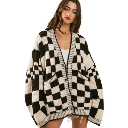 PATCH POCKETS CHECKERED SWEATER CARDIGAN