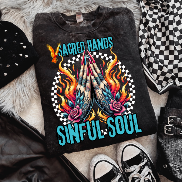 ***EXCLUSIVE***Sacred Hands, Sinful Soul: Black Mineral Wash Tee or Mineral Wash Sweatshirt