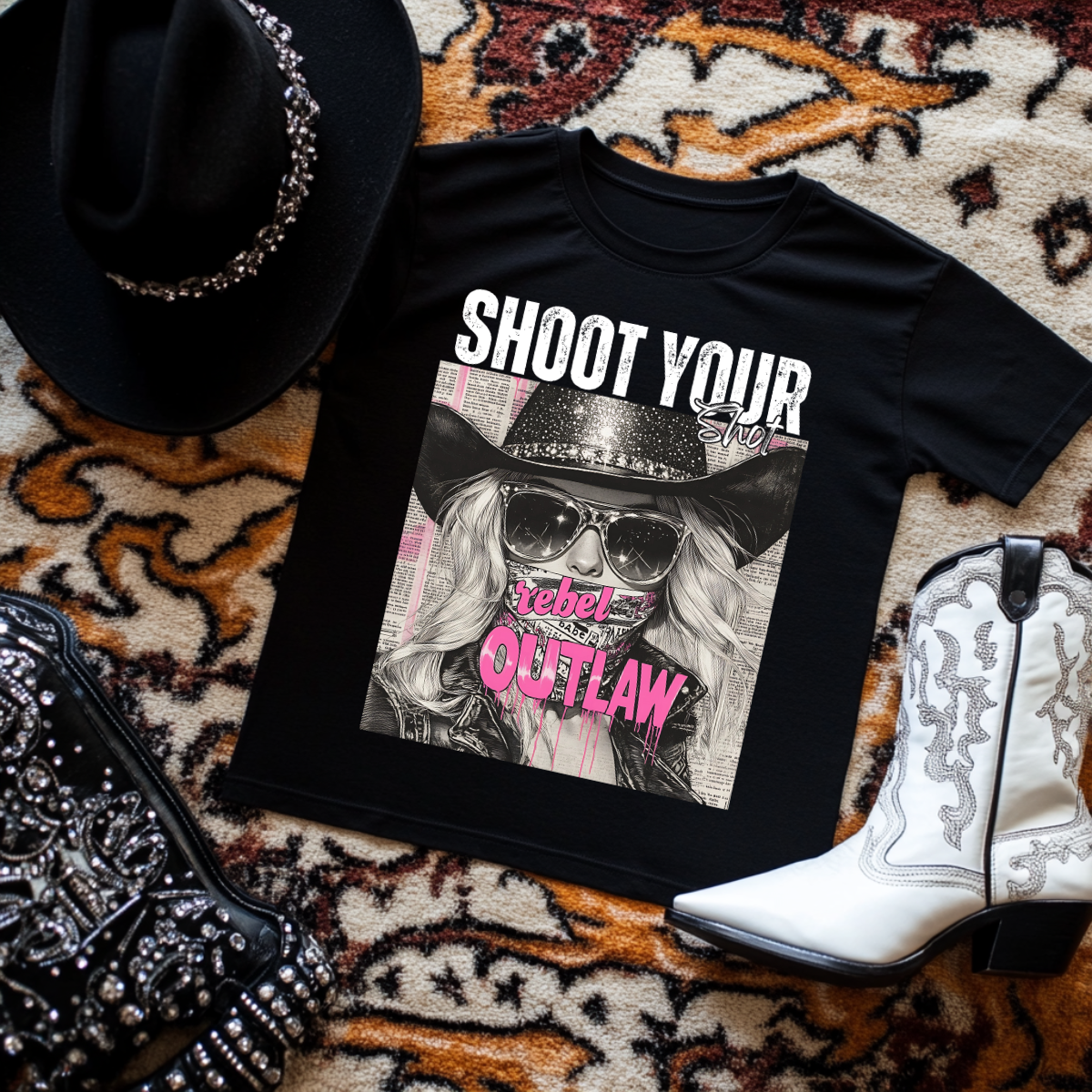 Shoot Your Shot, Rebel Outlaw Cowgirl Black TShirt